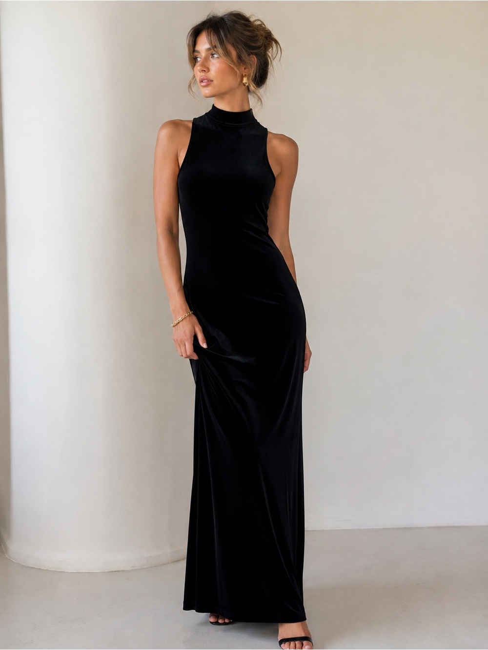 Vintage 90s/Y2K Lauren Ralph Lauren Black Velvet Mock Neck Maxi Dress M